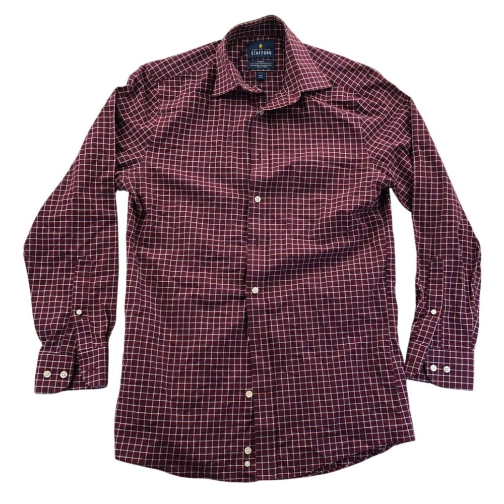 Stafford Mens Dress Shirt Size 14.5 Red Plaid Button-Up Long Sleeve Red Classic